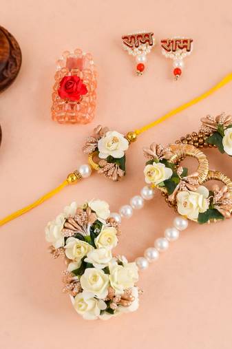 Handcrafted pearl & gold bead rakhi