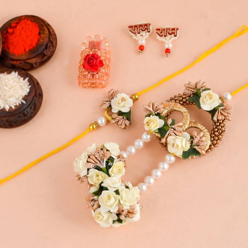Handcrafted pearl & gold bead rakhi