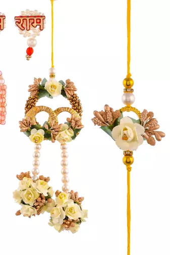 Handcrafted pearl & gold bead rakhi