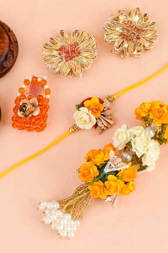 Handcrafted pearl & gold bead rakhi