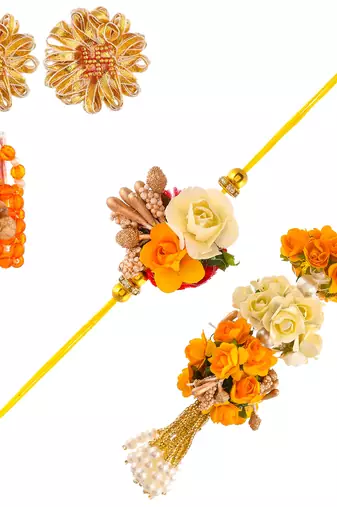 Handcrafted pearl & gold bead rakhi