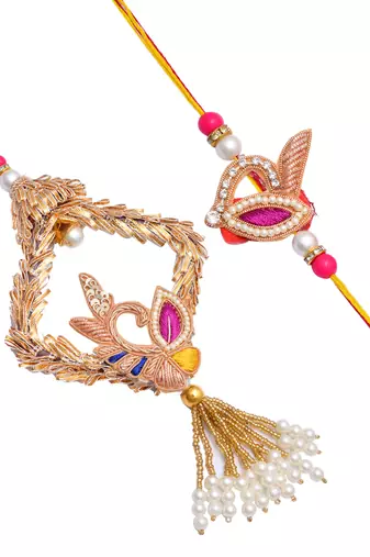 Handcrafted pearl & gold bead rakhi