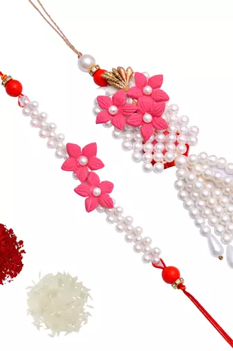 Handcrafted pearl & gold bead rakhi