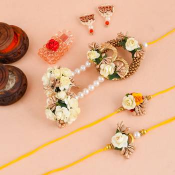Handcrafted pearl & gold bead rakhi 1