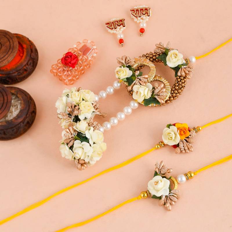 Handcrafted pearl & gold bead rakhi
