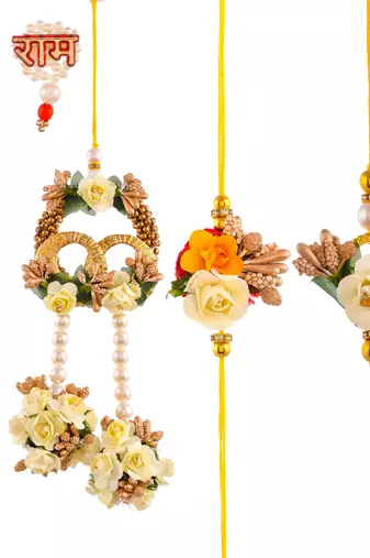 Handcrafted pearl & gold bead rakhi