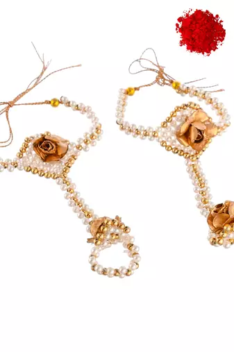 Handcrafted pearl & gold bead rakhi