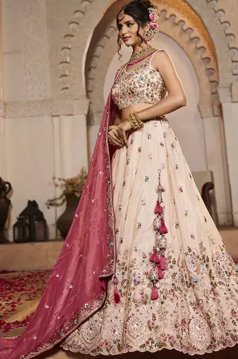 Cream Tissue sequin embroidery Lehenga choli & Dupatta