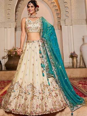 Cream Tissue sequin embroidery Lehenga choli & Dupatta 1
