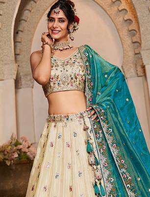 Cream Tissue sequin embroidery Lehenga choli & Dupatta 2