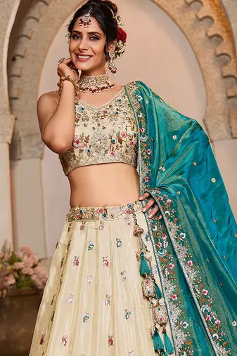 Cream Tissue sequin embroidery Lehenga choli & Dupatta