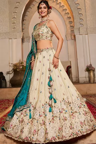 Cream Tissue sequin embroidery Lehenga choli & Dupatta