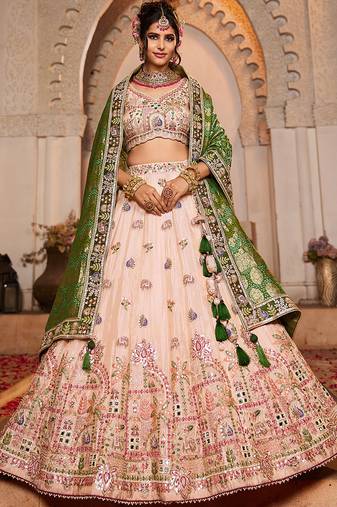 Peach tissue Mirror embroidery Semi-Stitched Lehenga choli & Dupatta