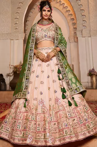 Peach tissue Mirror embroidery Semi-Stitched Lehenga choli & Dupatta