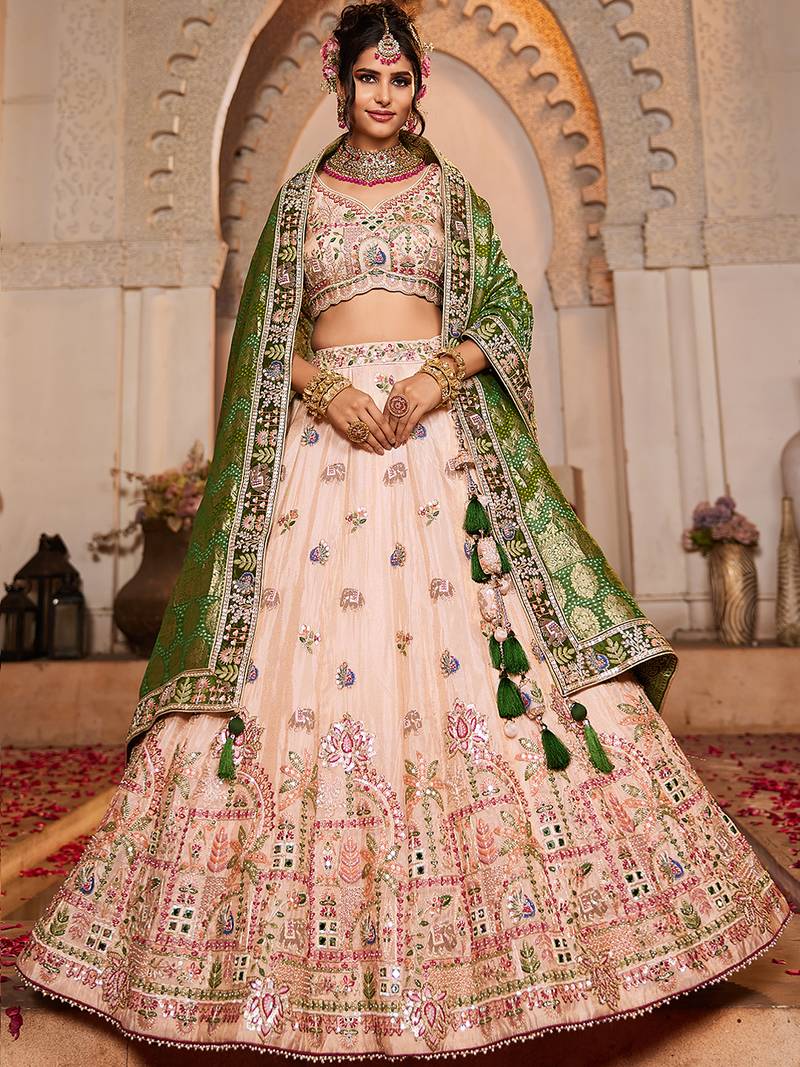 Peach tissue Mirror embroidery Semi-Stitched Lehenga choli & Dupatta