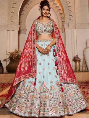 Blue Tissue Mirror embroidery Semi-Stitched Lehenga choli & Dupatta 1
