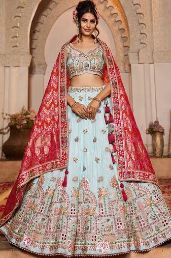 Blue Tissue Mirror embroidery Semi-Stitched Lehenga choli & Dupatta
