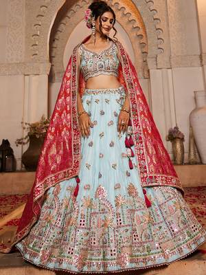 Blue Tissue Mirror embroidery Semi-Stitched Lehenga choli & Dupatta 2