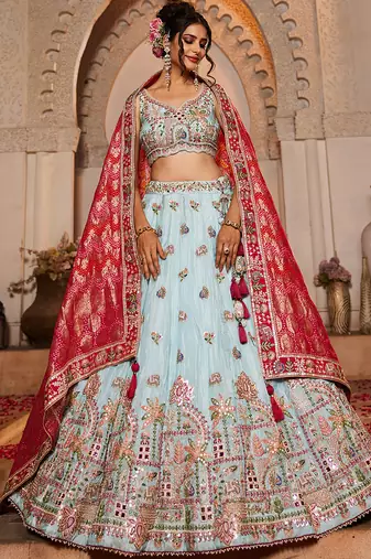 Blue Tissue Mirror embroidery Semi-Stitched Lehenga choli & Dupatta