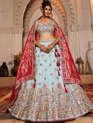 Blue Tissue Mirror embroidery Semi-Stitched Lehenga choli & Dupatta 3