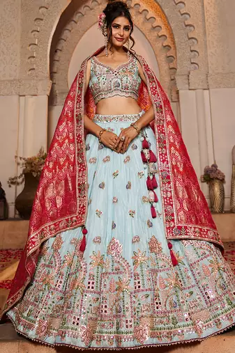 Blue Tissue Mirror embroidery Semi-Stitched Lehenga choli & Dupatta