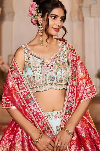 Blue Tissue Mirror embroidery Semi-Stitched Lehenga choli & Dupatta