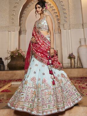 Blue Tissue Mirror embroidery Semi-Stitched Lehenga choli & Dupatta 5