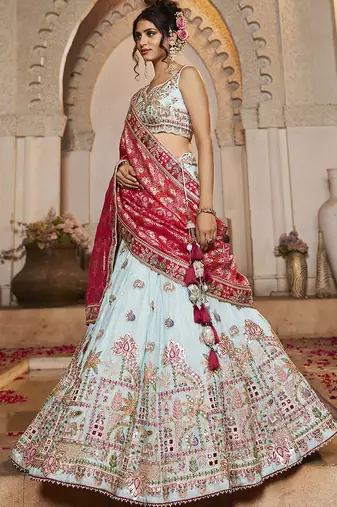 Blue Tissue Mirror embroidery Semi-Stitched Lehenga choli & Dupatta