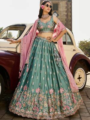 Lime green Georgette Sequins embroidery Semi-Stitched Lehenga choli & Dupatta 1