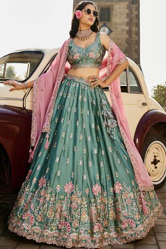 Lime green Georgette Sequins embroidery Semi-Stitched Lehenga choli & Dupatta