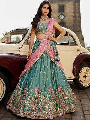Lime green Georgette Sequins embroidery Semi-Stitched Lehenga choli & Dupatta 3