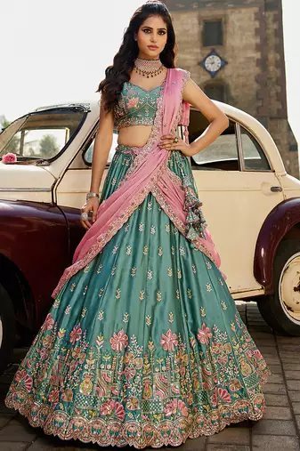 Lime green Georgette Sequins embroidery Semi-Stitched Lehenga choli & Dupatta