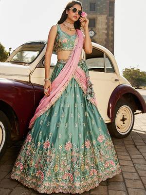 Lime green Georgette Sequins embroidery Semi-Stitched Lehenga choli & Dupatta 4