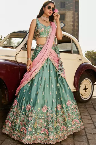 Lime green Georgette Sequins embroidery Semi-Stitched Lehenga choli & Dupatta