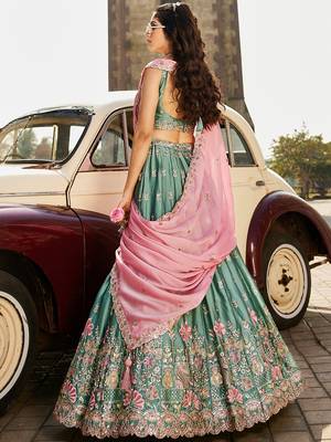 Lime green Georgette Sequins embroidery Semi-Stitched Lehenga choli & Dupatta 5