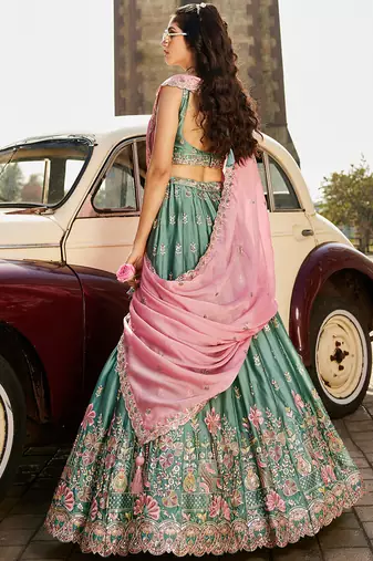 Lime green Georgette Sequins embroidery Semi-Stitched Lehenga choli & Dupatta