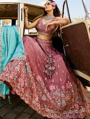 Rose gold Georgette Sequins embroidery Semi-Stitched Lehenga choli & Dupatta 3
