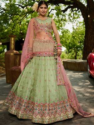 Lime green colour Tissue sequin embroidery Semi-Stitched Lehenga choli & Dupatta 1