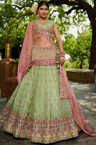 Lime green colour Tissue sequin embroidery Semi-Stitched Lehenga choli & Dupatta