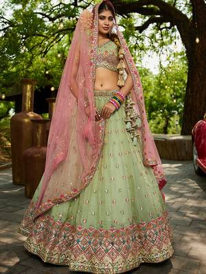 Lime green colour Tissue sequin embroidery Semi-Stitched Lehenga choli & Dupatta 2