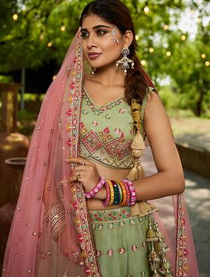 Lime green colour Tissue sequin embroidery Semi-Stitched Lehenga choli & Dupatta 3