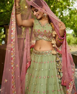 Lime green colour Tissue sequin embroidery Semi-Stitched Lehenga choli & Dupatta 4