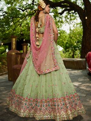 Lime green colour Tissue sequin embroidery Semi-Stitched Lehenga choli & Dupatta 5