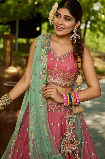 Pink colour Tissue sequin embroidery Lehenga choli & Dupatta