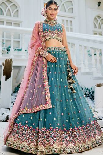 Teal colour Tissue sequin embroidery Semi-Stitched Lehenga choli & Dupatta