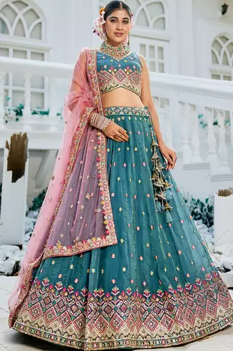 Teal colour Tissue sequin embroidery Semi-Stitched Lehenga choli & Dupatta