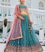 Teal colour Tissue sequin embroidery Semi-Stitched Lehenga choli & Dupatta