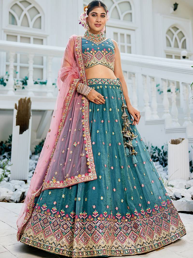 Teal colour Tissue sequin embroidery Semi-Stitched Lehenga choli & Dupatta