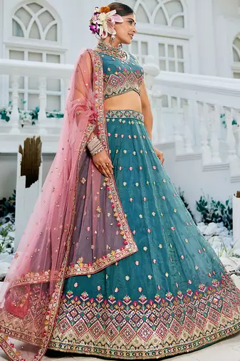 Teal colour Tissue sequin embroidery Semi-Stitched Lehenga choli & Dupatta