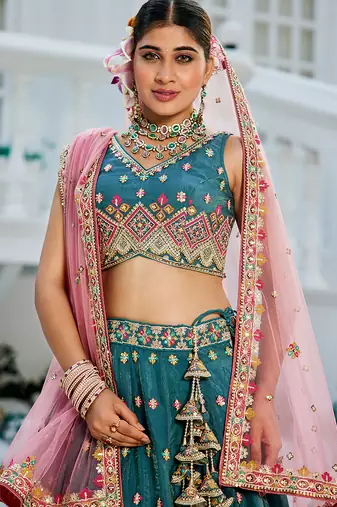 Teal colour Tissue sequin embroidery Semi-Stitched Lehenga choli & Dupatta